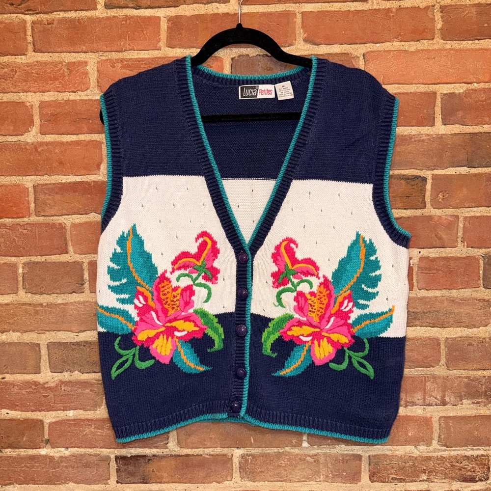 Navy Floral Knit Button Vest - Pink & Teal Accents